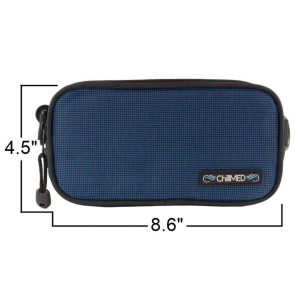 Blue ChillMED Carry-All Diabetic Bag With Cold Pax inside the bag with Insulin Pen and Syringes