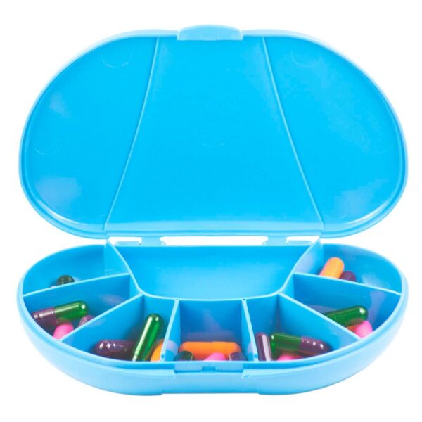 Blue Vita Carry Large Medication Case Opened and Filled Empty Front Facing Open and Filled with Pills