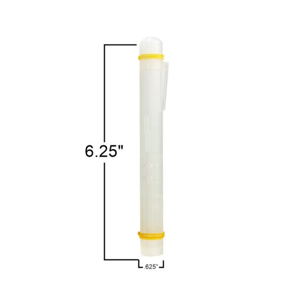 GMS White syringe protective case with measurements: 6.25" tall and with a .625 circumference