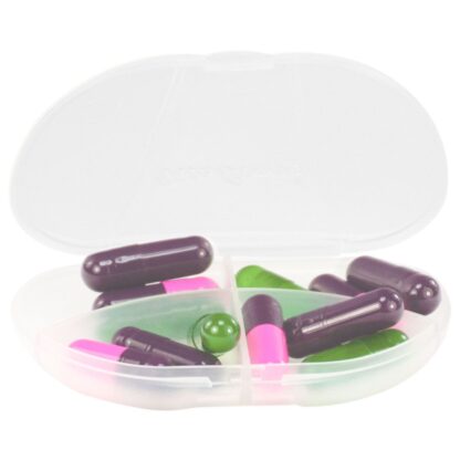 Clear Vita Carry Pocket Clamshell Case Open and Filled with Pills