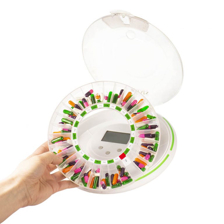 GMS Wifi Automatic Pill Dispenser with Open Clear Lid Filled with Pill Tray